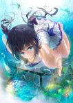  black_hair blue_eyes bubble dress foreshortening highres plant reaching_out tagme twintails underwater white_dress wingheart 