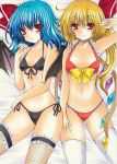  2girls alternate_costume bikini black_bikini black_legwear blonde_hair blue_hair collarbone fishnet_legwear fishnets flandre_scarlet front-tie_bikini hair_ribbon long_hair looking_at_viewer marker_(medium) millipen_(medium) multiple_girls red_bikini red_eyes remilia_scarlet ribbon ryumaira siblings side-tie_bikini side_ponytail sisters smile swimsuit thighhighs touhou traditional_media very_long_hair white_legwear 