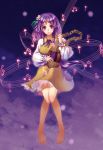  1girl barefoot chain dress flower hair_flower hair_ornament highres instrument long_hair lute_(instrument) musical_note purple_hair rainbow2319682 shackle smile solo touhou tsukumo_benben violet_eyes 