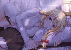  1girl black_panties blonde_hair breasts holding_hands lace-trimmed_panties large_breasts long_sleeves looking_at_viewer lying naked_shirt on_side panties panties_around_one_leg pillow pov_hands smile touhou underwear violet_eyes white_crow yakumo_yukari 