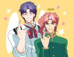  2boys angel blue_hair earrings gakuran green_eyes halo jewelry jojo_no_kimyou_na_bouken jonathan_joestar kakyouin_noriaki kyykttk multiple_boys redhead school_uniform wings 