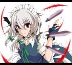  1girl braid braided_hair fingerless_gloves gloves grey_hair hair_ribbon izayoi_sakuya knife koenza_botoke maid maid_headdress red_eyes ribbon smile throwing throwing_knife touhou 