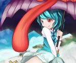  1girl blue_eyes blue_hair clouds heterochromia karakasa_obake long_sleeves midari mountain red_eyes short_hair skirt sky smile solo tatara_kogasa tongue touhou umbrella 