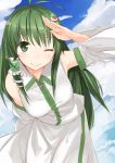  1girl blush breasts detached_sleeves frog_hair_ornament green_eyes green_hair hair_ornament hair_tubes highres kochiya_sanae long_hair pino_(birthdayparty) salute skirt smile snake_hair_ornament solo touhou wink 