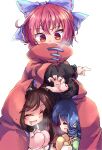  3girls :d ^_^ animal_ears blue_bow blue_hair bow cloak closed_eyes drill_locks eyebrows_visible_through_hair fang grass_root_youkai_network hair_bow head_fins highres imaizumi_kagerou isu_(is88) long_sleeves looking_down multiple_girls open_mouth red_eyes redhead ribbon-trimmed_bow sekibanki short_hair simple_background sitting smile standing sweatdrop touhou wakasagihime white_background wolf_ears 