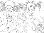  1boy 2girls bouquet bride christa_renz dress elbow_gloves flower formal freckles gloves highres lineart monochrome multiple_girls pant_suit parted_lips ponytail reiner_braun rose shingeki_no_kyojin shiwasuhuya short_hair smile smirk suit wedding wedding_dress ymir_(shingeki_no_kyojin) 