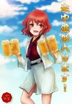  1girl alcohol beer formal horikawa_raiko katari necktie open_mouth red_eyes redhead short_hair smile solo touhou translation_request 