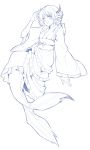  1girl head_fins ink_(medium) japanese_clothes mermaid monochrome monster_girl obi short_hair solo touhou traditional_media wakasagihime 