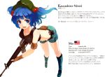 1girl absurdres bare_shoulders blue_eyes blue_hair boots crop_top gun hair_ornament hat highres kawashiro_nitori looking_to_the_side m16 midriff nanahara_fuyuki navel open_mouth scan short_hair shorts smile solo standing touhou twintails weapon 