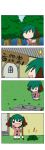  &gt;_&lt; 1girl 4koma absurdres animal_ears calligraphy_brush chibi comic door flying_sweatdrops forest green_hair hachimakirin highres kasodani_kyouko nature open_mouth paintbrush paper sign silent_comic smile solo stairs touhou translation_request 