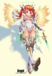  1girl blue_eyes blush breasts fangxiang_cuoluan half-skirt halo highres mecha mecha_musume mound_of_venus original redhead shadow smile solo sword thigh-highs twintails weapon wings yellow_background 