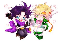  2boys blonde_hair blue_eyes bubble caesar_anthonio_zeppeli chibi facial_mark fingerless_gloves gloves green_eyes green_jacket head_wings headband jacket jojo_no_kimyou_na_bouken joseph_joestar_(young) medemoisellecu midriff multiple_boys purple_hair scarf 