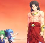  1boy 2girls black_eyes black_hair blue_eyes blue_hair blush bow bracelet broly chintara cirno crossover daiyousei dragon_ball dragon_ball_z dress dress_shirt earrings green_eyes green_hair hair_bow hair_ribbon happy ice ice_wings jewelry multiple_girls muscle necklace open_mouth puffy_sleeves ribbon shirt short_hair short_sleeves side_ponytail sky smile touhou wings 
