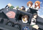  5girls akiyama_yukari ammunition black_hair book brown_eyes brown_hair clouds from_below girls_und_panzer gloves hairband isuzu_hana kusanagi_koyori long_hair military military_vehicle multiple_girls nishizumi_miho panzerkampfwagen_iv pillow reizei_mako sailor_collar school_uniform short_hair skirt takebe_saori tank vehicle violet_eyes wheel yume_no_owari 