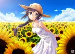  1girl artist_name black_hair blue_sky braid dress field flower flower_field grey_eyes harousel hat leaning_forward lens_flare original single_braid sky small_breasts smile solo spaghetti_strap sun_hat sundress sunflower 