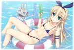  &gt;_&lt; 1girl anchor bikini blonde_hair blush green_eyes hair_ornament hairband innertube kantai_collection long_hair looking_at_viewer minase navel partially_submerged personification rensouhou-chan shimakaze_(kantai_collection) small_breasts solo swimsuit water water_gun 