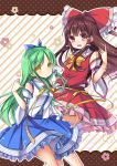  2girls amemiya_ruki bow brown_hair detached_sleeves flower_(symbol) frills frog_hair_ornament green_hair hair_ornament hair_ribbon hair_tubes hakurei_reimu highres kochiya_sanae long_hair looking_at_viewer multiple_girls open_mouth red_eyes ribbon skirt smile snake_hair_ornament touhou yellow_eyes 