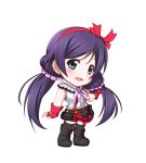 1girl blush boots bow breasts chibi cross-laced_footwear earrings green_eyes hair_bow highres jewelry kuena lace-up_boots leg_garter long_hair love_live!_school_idol_project open_mouth purple_hair solo thighhighs toujou_nozomi twintails zettai_ryouiki 