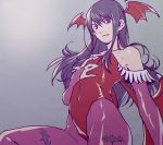  1boy androgynous bare_shoulders bat_wings cosplay head_wings leotard lilith_aensland lilith_aensland_(cosplay) long_hair male pantyhose print_legwear purple_hair solo tales_of_(series) tales_of_vesperia trap vampire_(game) violet_eyes wings yuri_lowell 