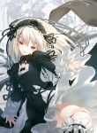  1girl doll_joints dress frills hairband highres lolita_fashion long_hair nilitsu red_eyes rozen_maiden silver_hair solo suigintou thigh-highs wings 