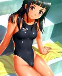  1girl black_hair competition_swimsuit highleg highleg_swimsuit highres kuri_(kurigohan) long_hair one-piece_swimsuit original red_eyes speedo_(company) swimsuit towel 