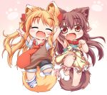  2girls :d ^_^ animal_ears armpits arms_up blonde_hair bow brown_eyes brown_hair chibi chisa_(kuroneko_liger) closed_eyes collar dog_ears dog_tail dress fang fox_ears fox_tail hair_bow holding_hands kuroneko_liger long_hair looking_at_viewer lowres manaka multiple_girls necktie open_mouth original paw_print pink_background pink_eyes shirt shorts sleeveless sleeveless_dress smile tail twintails v very_long_hair vest 