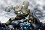  aniki_gunsou battle blood character_request cherno_alpha clenched_hand highres kaijuu mecha mechanical_arms monster no_humans ocean pacific_rim science_fiction sky super_robot 