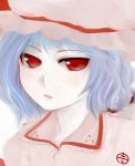  1girl face hat itsukage lavender_hair open_mouth parted_lips red_eyes remilia_scarlet solo touhou 