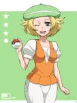  1girl bel_(pokemon) blonde_hair green_background green_eyes green_hat jaga_note pokemon wink 