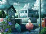  1girl black_hair blue cloudy_sky flower kazami_(kuroro) morning_glory original postbox power_lines puddle road short_hair solo street telephone_pole umbrella water water_drop 