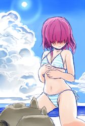  1girl beach bikini hair_over_eyes original purple_hair sand_castle sand_sculpture short_hair swimsuit taiti 