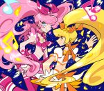  2girls blonde_hair blue_background blue_eyes choker cure_melody cure_sunshine frills hair_ribbon heartcatch_precure! houjou_hibiki long_hair magical_girl midriff mikannu multiple_girls musical_note myoudouin_itsuki petals pink_hair pink_legwear precure ribbon smile suite_precure thigh-highs twintails wrist_cuffs yellow_eyes 