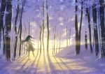  1girl barefoot black_hair blue_eyes dress footprints forest long_hair long_shadow looking_back minatsuki_(sitsu) nature original scenery snow solo sundress sunrise 