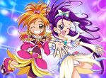  2girls ;d arm_warmers bike_shorts blue_background boots bow brown_eyes cure_bloom cure_egret double_v earrings fingerless_gloves futari_wa_precure_splash_star gloves gradient gradient_background grin hair_bow hairband hyuuga_saki jewelry knee_boots light_particles long_hair magical_girl mishou_mai multiple_girls open_mouth orange_hair ponytail precure purple_background purple_bike_shorts purple_hair shorts_under_skirt sinko_(sinsin) skirt smile standing_on_one_leg v violet_eyes wink 