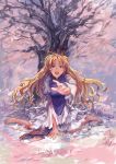  1girl barefoot blonde_hair blood blood_on_face cherry_blossoms crying dress long_hair outstretched_arm outstretched_hand sitting solo tabard torn_clothes torn_sleeves touhou tree very_long_hair violet_eyes wariza white_dress xiezhua_(amyoy) yakumo_yukari 