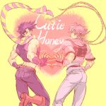  2boys ass boots caesar_anthonio_zeppeli feathers from_behind hair_feathers headband heart heart_hands heart_hands_duo jacket jojo_no_kimyou_na_bouken joseph_joestar_(young) looking_at_viewer looking_back midriff multiple_boys pink_hair purple_hair scarf wink zishanjiang 