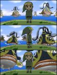  3koma blonde_hair comic grass hat kuruuya link looking_at_viewer looking_over_shoulder monster nintendo ocean pointy_ears sharp_teeth shield sword the_legend_of_zelda toon_link weapon wind_waker 