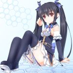  1girl arm_support black_hair boots choujigen_game_neptune hair_ornament hair_ribbon highres long_hair noire pastel-pastel red_eyes ribbon sitting solo thighhighs twintails 