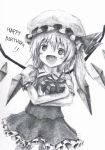 1girl absurdres blush bonnet box dress fang flandre_scarlet graphite_(medium) happy_birthday highres hiru holding looking_at_viewer monochrome ribbon smile solo touhou traditional_media wings 