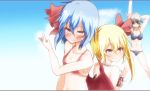  3girls arms_up bikini blonde_hair blue_hair blush braid flat_chest hair_ribbon highres letterboxed maid_headdress multiple_girls navel no_hat red_eyes ribbon short_hair side_ponytail silver_hair smile stretch sunglasses swimsuit takorice touhou twin_braids 