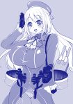  1girl atago_(kantai_collection) blush breasts gloves hat kantai_collection kouki_kuu large_breasts long_hair looking_at_viewer lowres military military_uniform monochrome panties panties_under_pantyhose pantyhose personification salute smile solo underwear uniform 