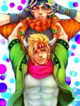  2boys aviator_hat black_hair blonde_hair blue_eyes blue_hair caesar_anthonio_zeppeli facial_mark feathers fingerless_gloves gloves green_eyes green_jacket hair_feathers hat headband jacket jojo_no_kimyou_na_bouken joseph_joestar_(young) multiple_boys scarf taruha tegaki wink 