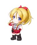  1girl ayase_eli blonde_hair blue_eyes blush boots bow breasts chibi cross-laced_footwear earrings hair_bow hand_on_hip highres jewelry kuena lace-up_boots leg_garter long_hair love_live!_school_idol_project necktie ponytail smile solo 