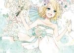  blonde_hair blue_eyes blue_ribbon bouquet bow buzz dress floral_background flower flower_on_head holding_hands kagamine_rin tagme vocaloid white_dress 