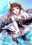  1girl ahoge braided_hair brown_eyes brown_hair detached_sleeves hairband japanese_clothes kantai_collection kongou_(kantai_collection) machinery open_mouth personification pointing raikinagi sleeves_past_wrists solo thigh-highs water 
