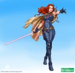  1girl 2013 armlet belt black_gloves blue_background bodysuit boots breasts cape clothed_navel energy_sword female full_body gloves green_eyes holding holding_sword holding_weapon holster knee_boots knee_pads lightsaber lips long_hair mara_jade outstretched_hand parted_lips red_hair redhead sleeveless solo standing star_wars sword weapon yamashita_shun&#039;ya 