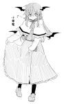  1girl alice_margatroid_(cosplay) bat_wings capelet character_name cosplay dress dress_lift frills head_wings high_collar koakuma loafers long_hair low_wings lysander_z monochrome musical_note payot pigeon-toed ribbon shoes simple_background smile solo touhou vest white_background wings 