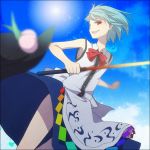  1girl alternate_hair_length alternate_hairstyle blue_hair dress food fruit hat hat_removed headwear_removed hinanawi_tenshi open_mouth peach red_eyes ribbon short_hair sky sleeveless smile solo sword sword_of_hisou touhou undertime weapon 