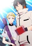  2boys black_hair blonde_hair gatchaman_crowds gloves hibiki_joe multiple_boys notepad sword_bag tachibana_sugune yellow_eyes yuzucky 