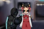  1boy 1girl animal_ears armor blush bow brown_eyes brown_hair cat_ears cat_tail dead_space dead_space_2 detached_sleeves full_armor gingham_(amalgam) gloves hair_bow hair_ribbon hair_tubes hakurei_reimu helmet isaac_clarke lifebar long_hair male plasma_cutter power_armor ribbon smile spacesuit tail touhou very_long_hair weapon 